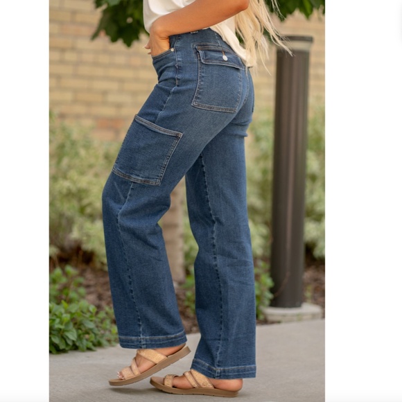 Judy Blue High Rise Cargo Wide Leg Dark Wash Denim Jeans, Size 9 / Size 29 - Picture 8 of 11